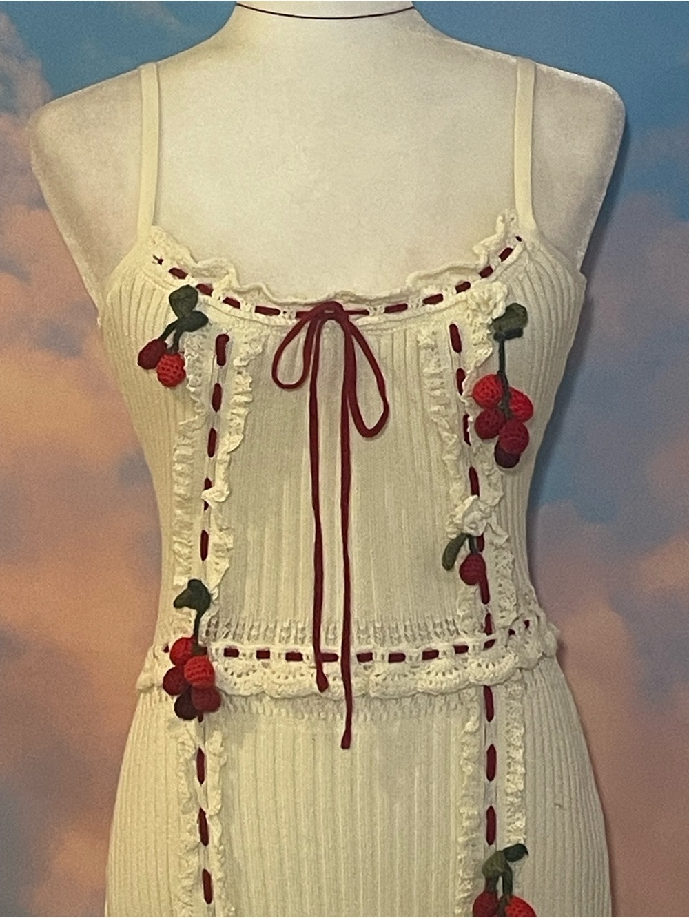 NWT: Gorgeous Lace Made Cream Knit w/Red Ribbon & Cherry Crochet Details - Picture 5 of 15